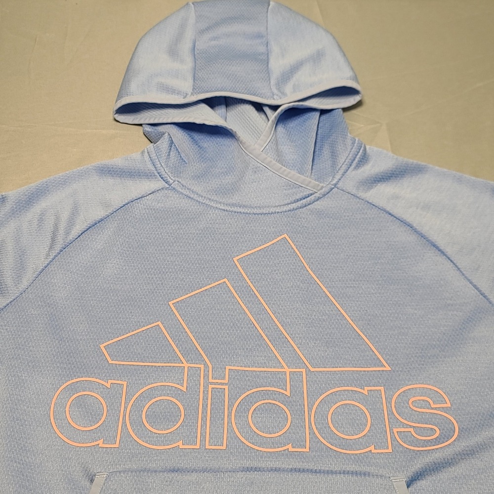 Adidas Hoodie Womens Large Light Blue Climawarm Pullover Pink Logo Sweatshirt